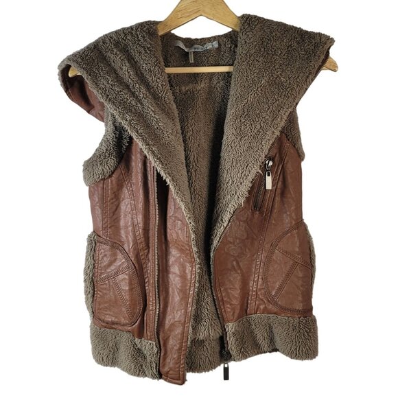 Miilla Shearling Faux Leather Vest Brown Small Lined Zip Pockets Hood Vegan READ - Picture 8 of 13